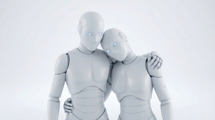 Obraz premium Emotional Robot Relationship featuring Sleek Androids with Glowing Blue Eyes.