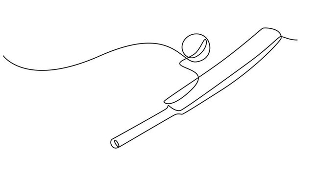 Self animated continuous line drawing illustration of a professional cricket bat, Cricket bat icon continuous one line drawing international sports equipment 4k animation video, Animated self drawing.