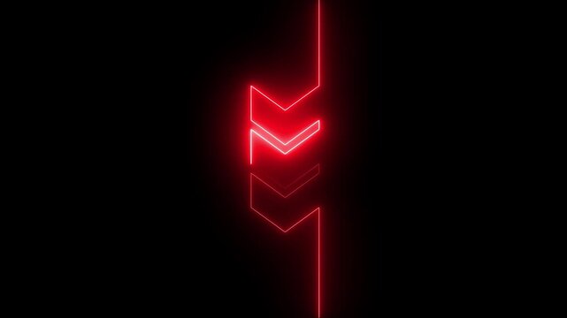 Glowing neon arrow pointing down animation isolated on black background