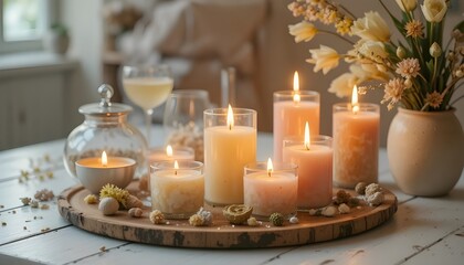 Elegant candlelight table decor with glowing candles, soft florals, and cozy home ambiance, creating a warm, romantic atmosphere for relaxation, celebrations, and mindful living