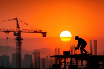 Construction worker silhouette with crane against a brilliant orange sunset. Ideal for themes of progress, development, or labor at dawn/dusk.