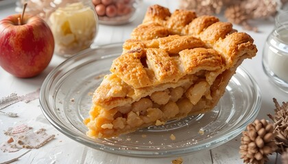 Homemade Apple Pie Slice on Glass Plate with Fresh Apples &ndash; Classic American Dessert, Golden Lattice Crust, Autumn Baking Still Life, Warm Comfort Food Photography