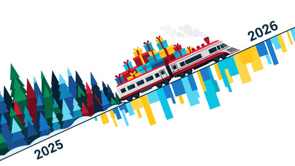 new year 2026 progress train delivers gifts uphill symbolizing business growth annual transition and future success.