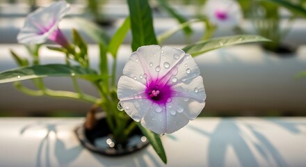 Close-up of a White and Purple Flower with Water Droplets.
