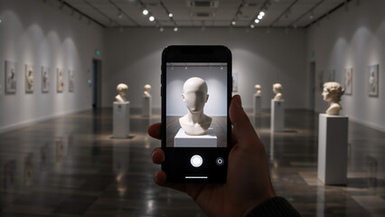 Hand holding smartphone taking photo of sculpture in art gallery. Mobile photography in museum exhibition