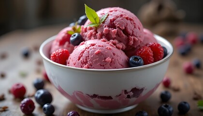 Fresh Berry Ice Cream in White Bowl &ndash; Creamy Strawberry and Blueberry Frozen Dessert with Mint Leaves, Homemade Summer Treat, Gourmet Food Photography