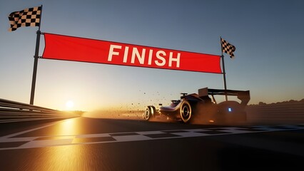 A cinematic racing finish line scene at sunset, bold red “FINISH” banner stretched across black-and-white checkered flags, motion blur from a speeding race car crossing the line, dramatic lighting, 