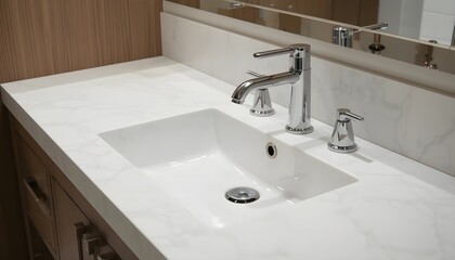 Modern Bathroom Sink with Marble Countertop and Chrome Faucet | Minimalist Vanity Design Featuring Clean Lines, Sleek Hardware, and Elegant White Surface for Contemporary Home Interiors