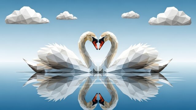 Two White Swans Forming Heart Shape on Lake.