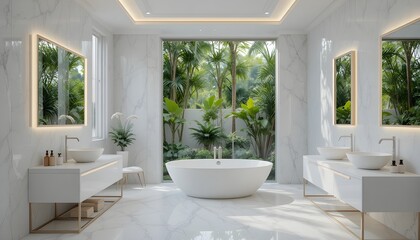 Luxury Tropical Bathroom Interior with Freestanding Bathtub, Floor-to-Ceiling Windows, Natural Light, White Minimalist Design, Spa-Inspired Modern Home Bathroom