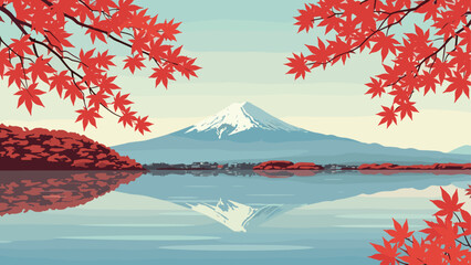 Fototapeta premium Serene autumn landscape with mount fuji reflected in tranquil lake under crimson maple leaves