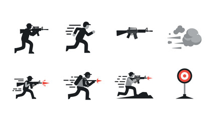Fototapeta premium Silhouette action icons: soldiers, weapons, and targets in motion