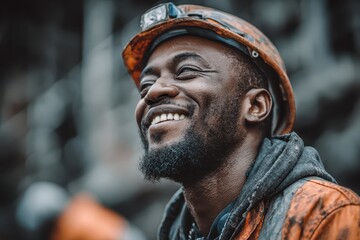 Happy Black miner smiles wide, wearing a dirty hard hat. Ideal for showcasing job satisfaction and workers' pride.