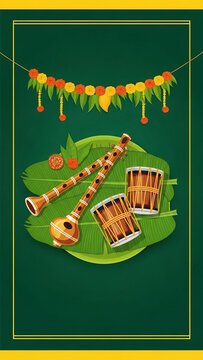 South Indian Tamil Marriage Invitation with Banana Leaves and Traditional Music Instruments