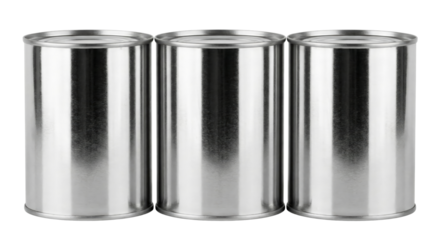 Three metallic tin cans in a row on a white background, studio shot
