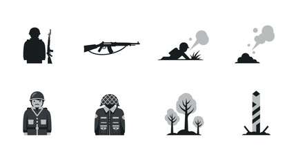 Fototapeta premium Military icons set: soldier, rifle, camouflage, and landscape elements in gray tones
