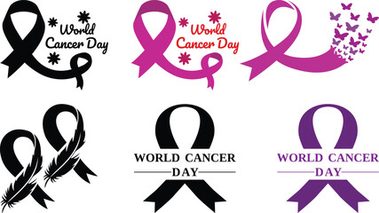 Obraz premium Cancer Awareness Ribbon icon set. World Cancer Day Symbols. Oncology emblem, charity sign, cancer prevention awareness, hope, medical campaign.