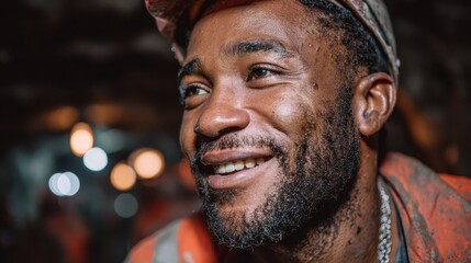 Close-up of a happy Black worker with dirty face and hard hat. Showcases dedication and joy despite challenging working conditions.