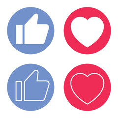 Thumb up and heart icon. Vector like and love icon. Ready like and love button for website and mobile app. 