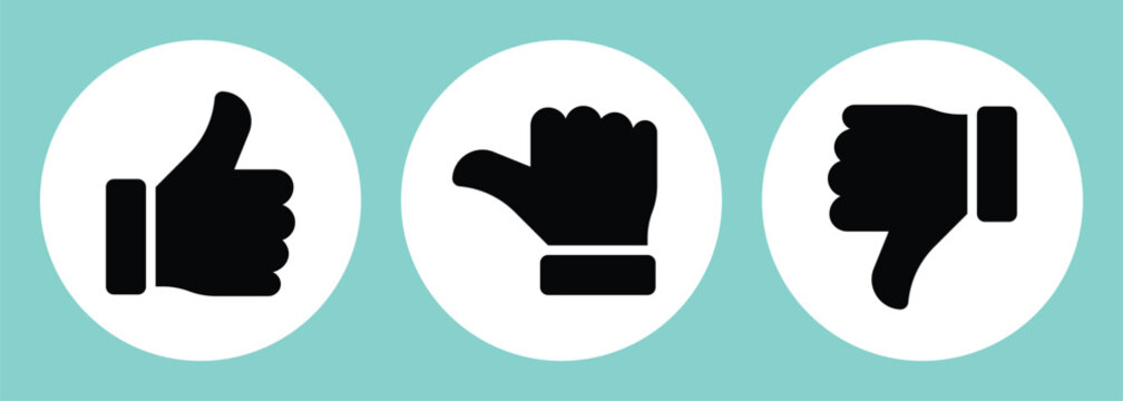 Like, dislike and neutral thumb symbols in white and black circle. Feedback and rating thumbs up and thumbs down icons set. Thumbs up, down and sideways icon set isolated on white background.