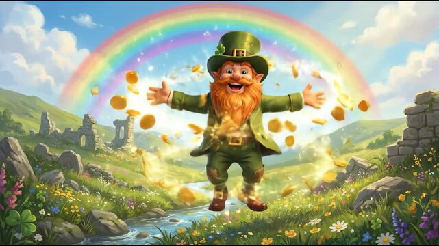 Leprechaun in green attire joyfully dances along a riverbank, scattering gold coins while a vibrant rainbow arcs overhead in a lush, green landscape, Saint Patrick's Day