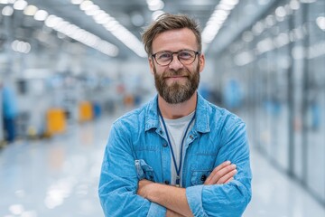 Confident bearded man with glasses smiles in a bright factory hall. Shows skilled worker, manager, or modern industrial expertise.