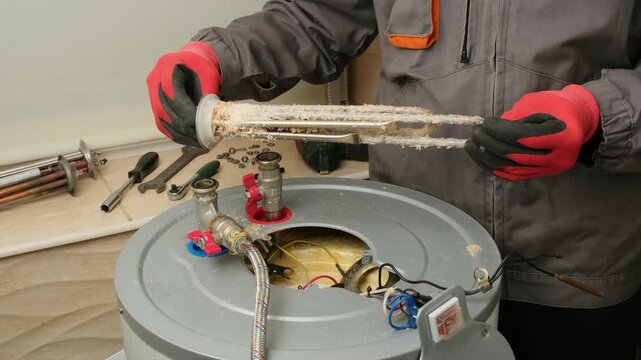 Repairman in red gloves holding and rotating a burnt-out boiler heating element covered with lime coating. Electric Water Heater Maintenance and Repair.