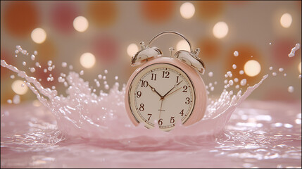 Alarm Clock and Pink Water: A charming pink alarm clock sits amid a dynamic splash of pink liquid. Capturing a moment of stillness amidst movement, the clock face is clear and readable.