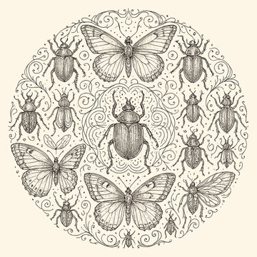 An intricate composition of various insects including butterflies and beetles in a detailed vintage style.