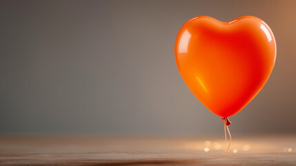 Orange Heart Balloon: A vibrant orange heart-shaped balloon floats, casting a warm glow on a wooden surface, embodying feelings of love, passion, and affection in a minimalist setting.