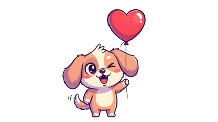 Cute cartoon puppy mascot holding a red heart balloon for Valentine's Day design isolated PNG with Transparent Background