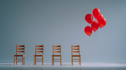 The Untethered Flight: A vivid image showcasing the concept of freedom as a cluster of vibrant red balloons soar above a line of wooden chairs, conveying a message of liberation and breaking free.