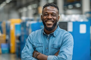 Smiling Black man in denim shirt, arms crossed, background blurred. Represents satisfied employee, business owner, or industrial professional.