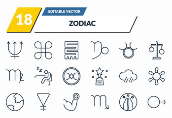 zodiac icons set - neptune, reconciliation, toughness, hope, mars outline vector collection. © IconArt
