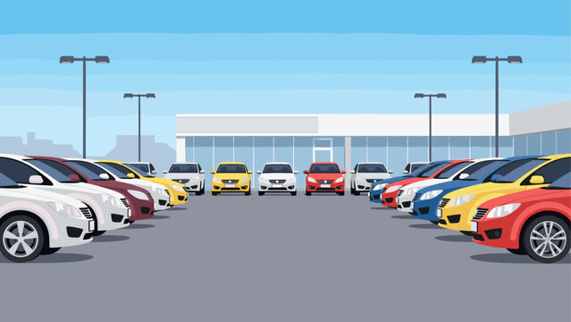Modern car dealership with multiple cars in flat design