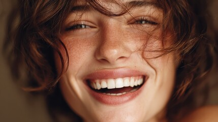 Joyful woman with freckles, beaming wide smile, eyes crinkled. Perfect for beauty, wellness, joy, or authentic lifestyle content.