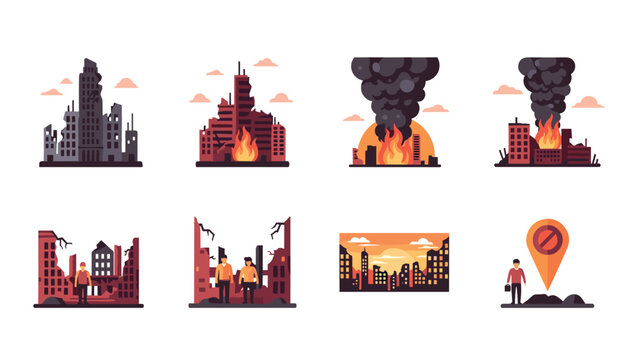 Flat urban apocalyptic scenes with burning buildings and ruins