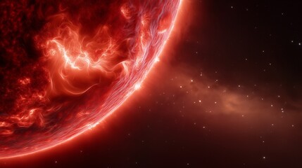 Leuchtend rote Sonne in entferntem Sonnensystem im Weltraum