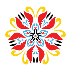 Obraz premium Vibrant circular floral mandala in traditional folk art style. Colorful symmetrical ornament isolated on white for festivals, ethnic decor, and cultural design projects. Traditional Rickshaw Art Flora