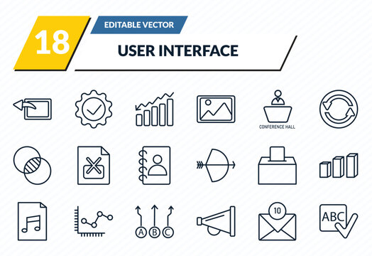 user interface icons set - window back button, right tings, decreasing bars chart, unread mail, spellcheck outline vector collection.