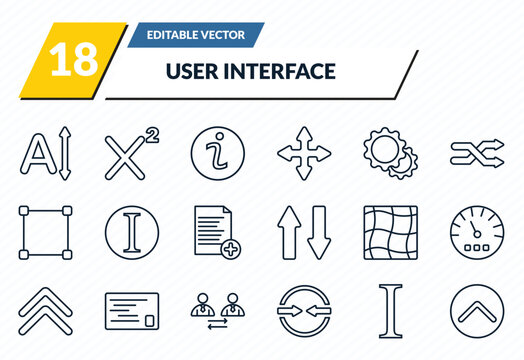 user interface icons set - letter size, superscript, information button, italic, top button outline vector collection.