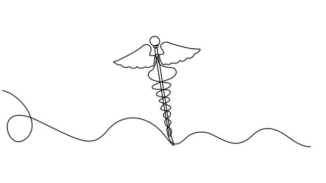 Self drawing line animation Caduceus medical symbol continuous one line drawing, Full length one line animation, hospital with popular symbol of this. Medical health care icon logo, medical center.