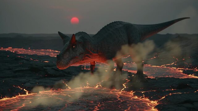 Carnotaurus dinosaur standing in volcanic wasteland with glowing lava flows. Hot steam, dramatic red sunset light.