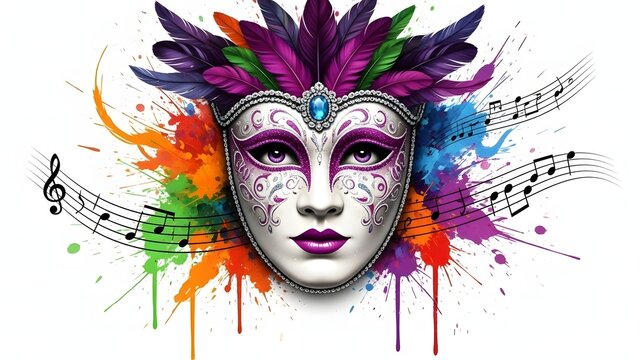 Vibrant masquerade mask with feathers and musical notes on white background - Powered by Adobe
