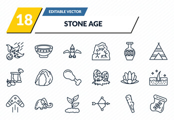stone age icons set - meteor, plate, pterodactyl, club, dried insect in amber outline vector collection. © IconArt