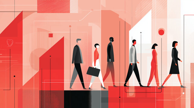 abstract business process illustration showing people walking up stairs, conceptual guided growth and career progression metaphor, modern flat design for corporate strategy and success path