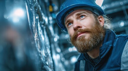 Man with beard and blue helmet carefully inspects complex equipment. Showcases dedication and professionalism in industrial environments.