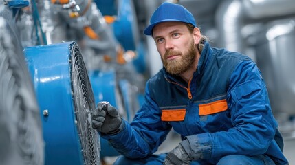 Man in blue uniform inspects industrial fan with focus. Highlights maintenance, engineering, or HVAC service work.