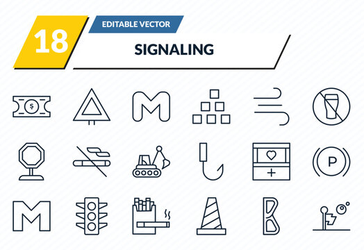 signaling icons set - price ticket, give way, letter m, letter b, lost outline vector collection.