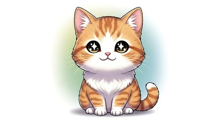 Adorable Orange Tabby Kitten with Sparkling Eyes - A Charming Cartoon Illustration.